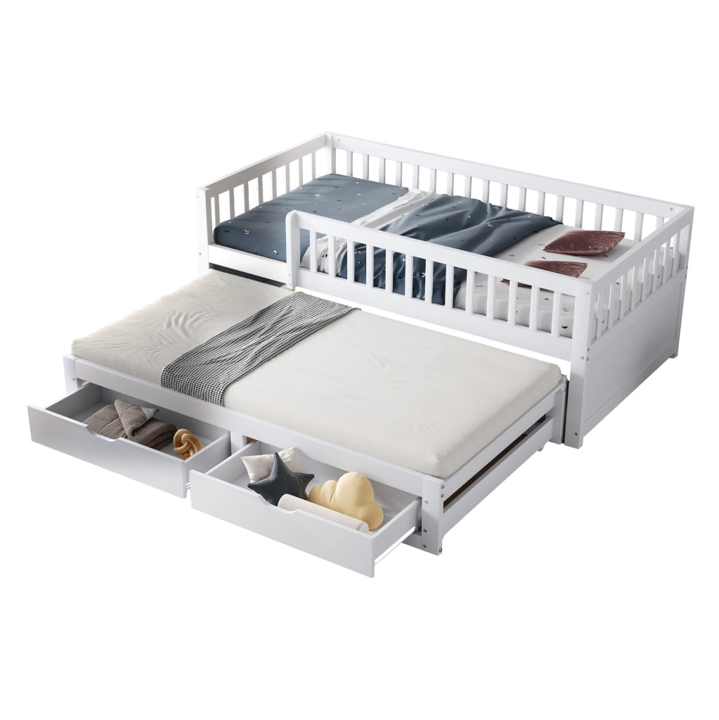 Letto divano 90x200 bianco con estraibile, 2 cassetti e 2 materassi