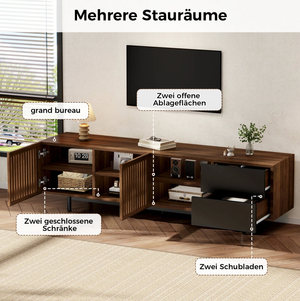 Mobile porta televisore 160 cm in MDF, finitura noce e nera