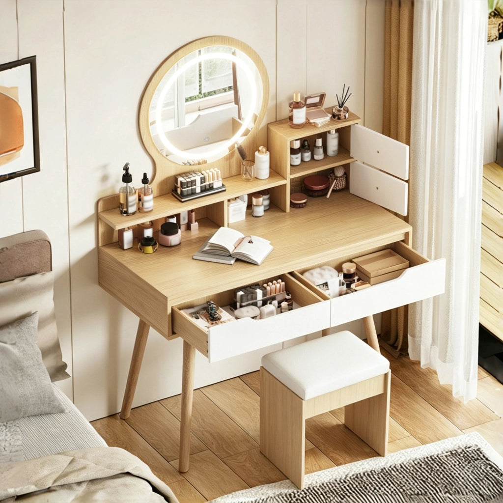 Toeletta con specchio e illuminazione LED regolabile; sgabello imbottito; 2 cassetti e vani; MDF effetto legno naturale