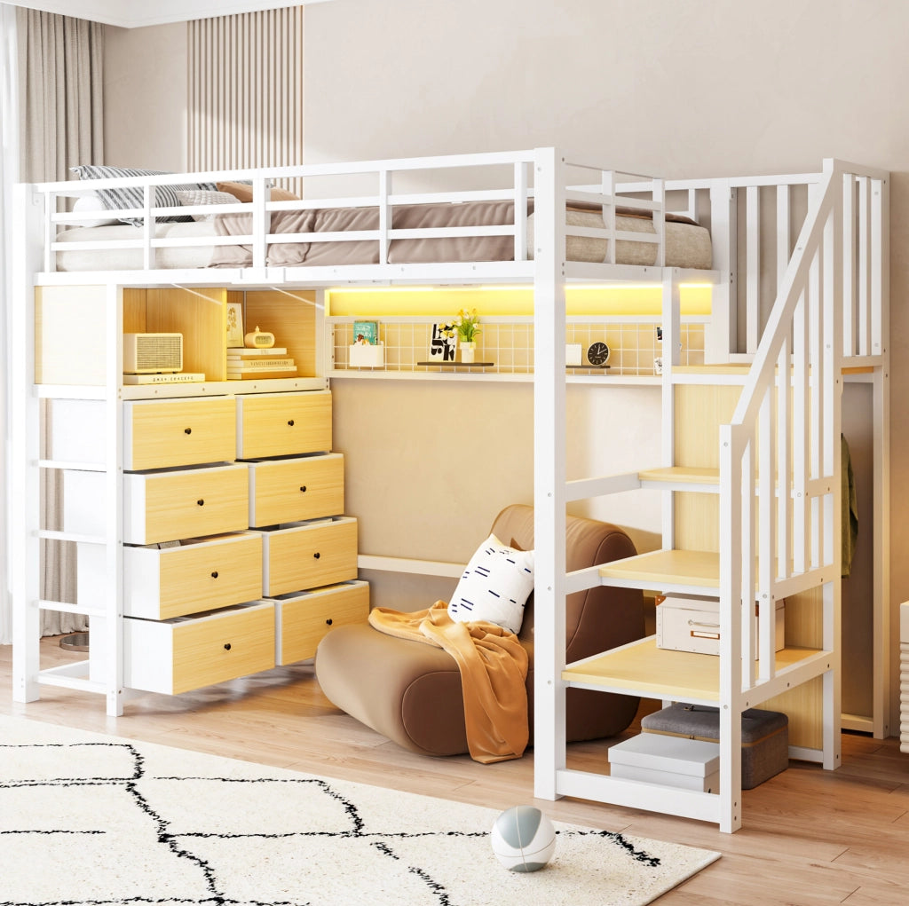 Letto a soppalco bianco 90 x 200 cm con 8 cassetti, scaffali e illuminazione