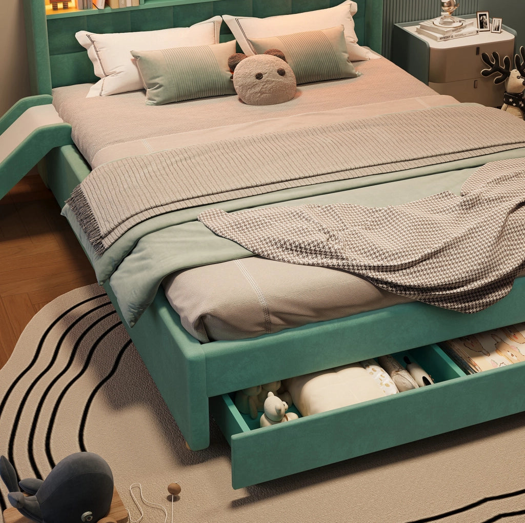 Letto per bambini 140 x 200 cm in velluto blu e verde con scivolo e contenitore