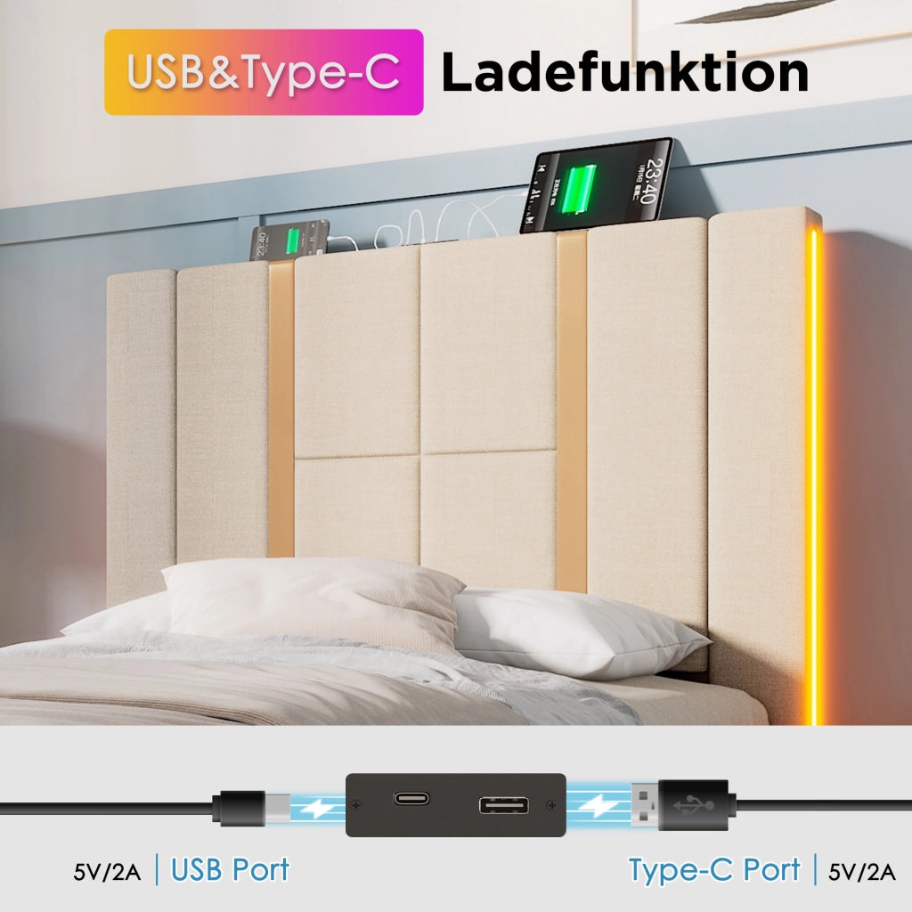 Letto matrimoniale 160 ¡Á 200 cm con comodini USB e Type-C; luci da lettura e panca contenitore rovere