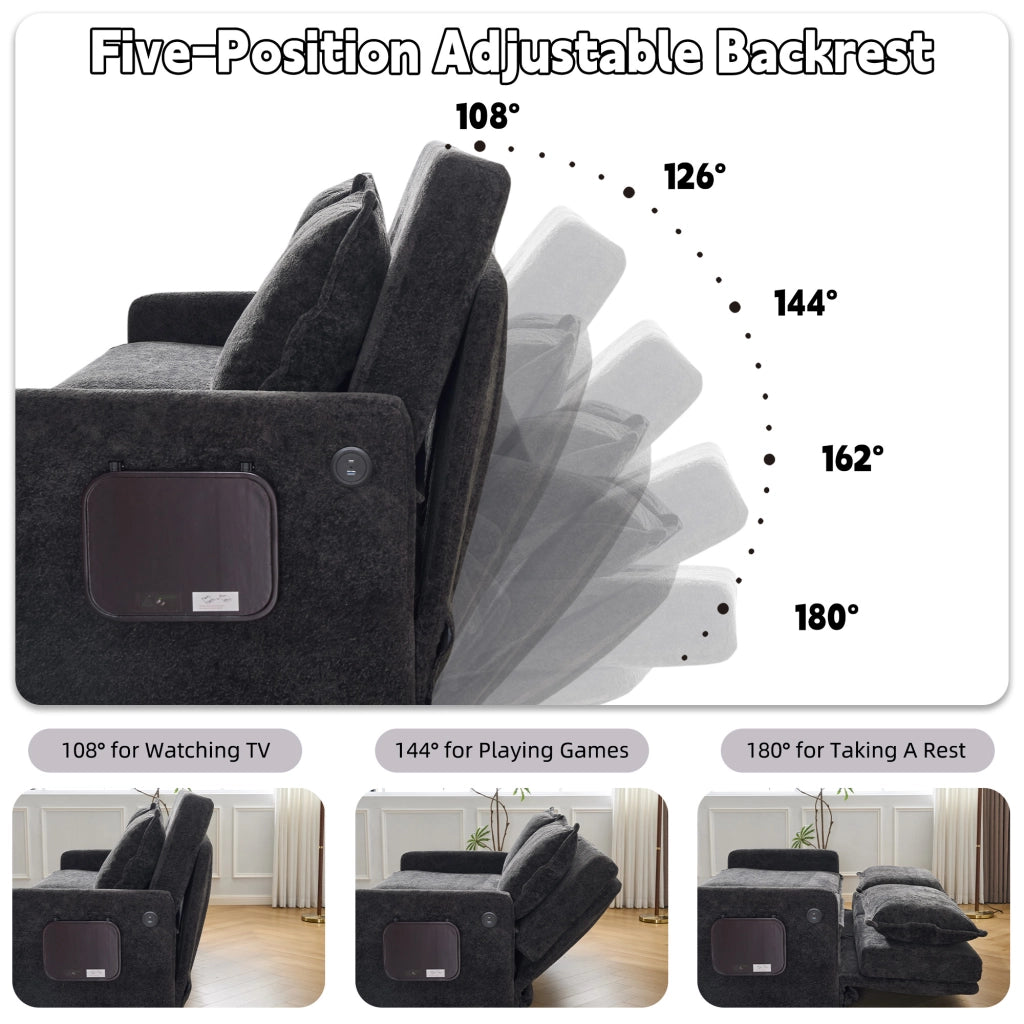 Divano letto in ciniglia nero con schienale regolabile da 90° a 180°; porta USB e Type-C e tasche laterali