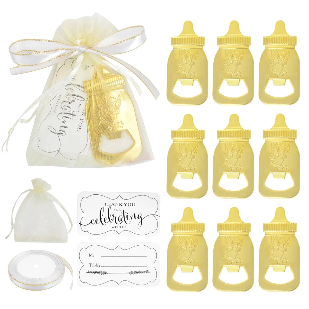 12 piccoli apribottiglie a forma di biberon, color oro, in metallo, ideali come piccoli omaggi per gli ospiti
