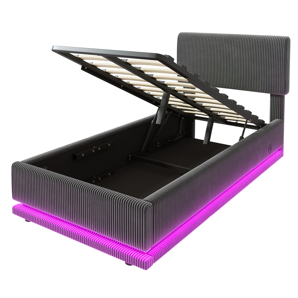 Letto singolo imbottito 90 × 200 cm con LED e USB C testiera regolabile vano contenitore velluto a coste grigio scuro