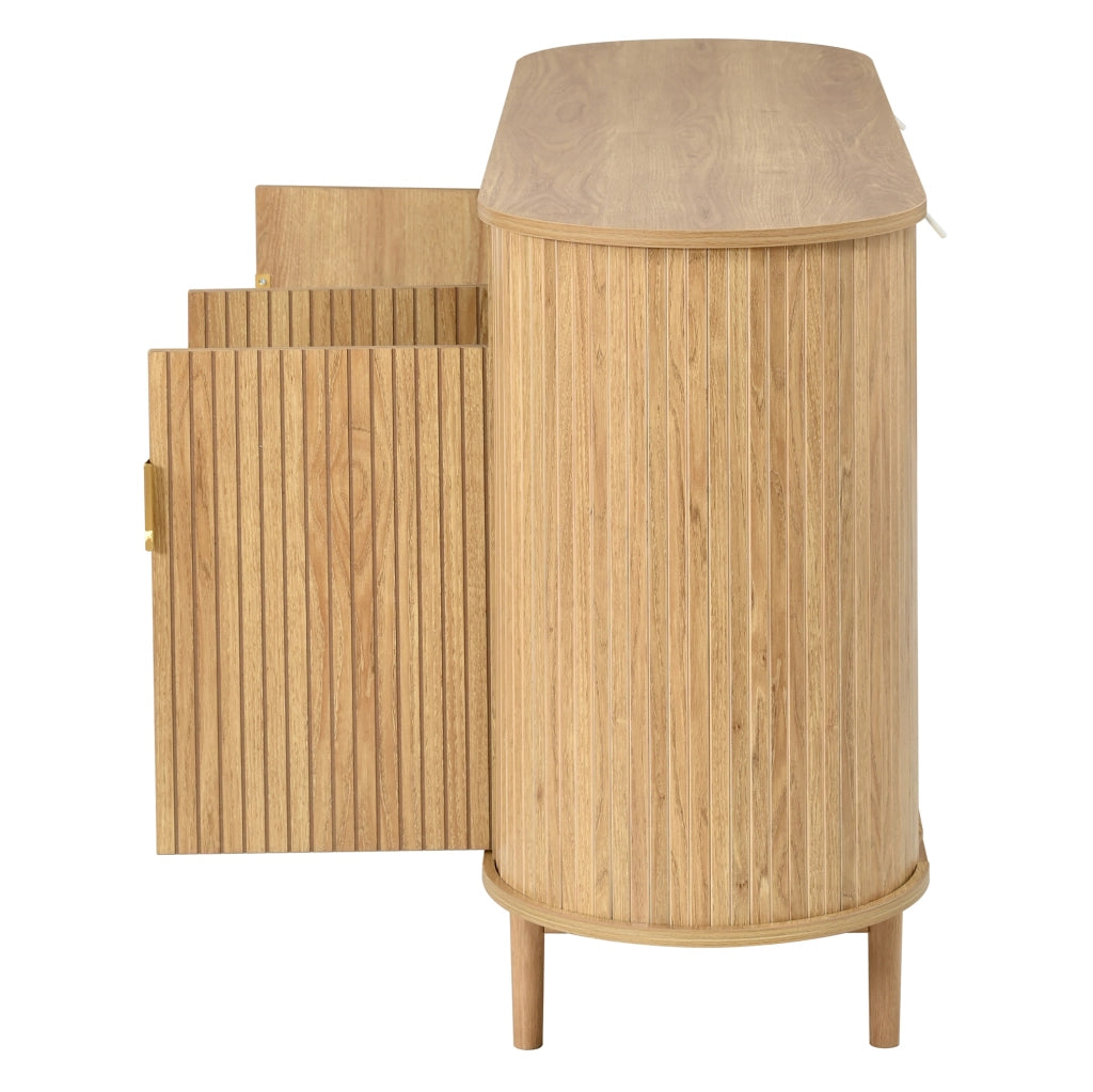 Credenza a 3 ante con frontale a righe verticali, 140 cm, finitura naturale