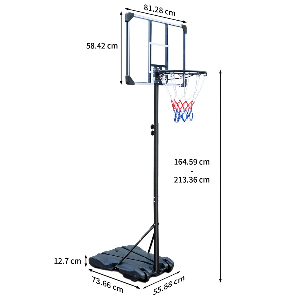 Canestro da basket portatile regolabile 164,59–213,36 cm nero con ruote