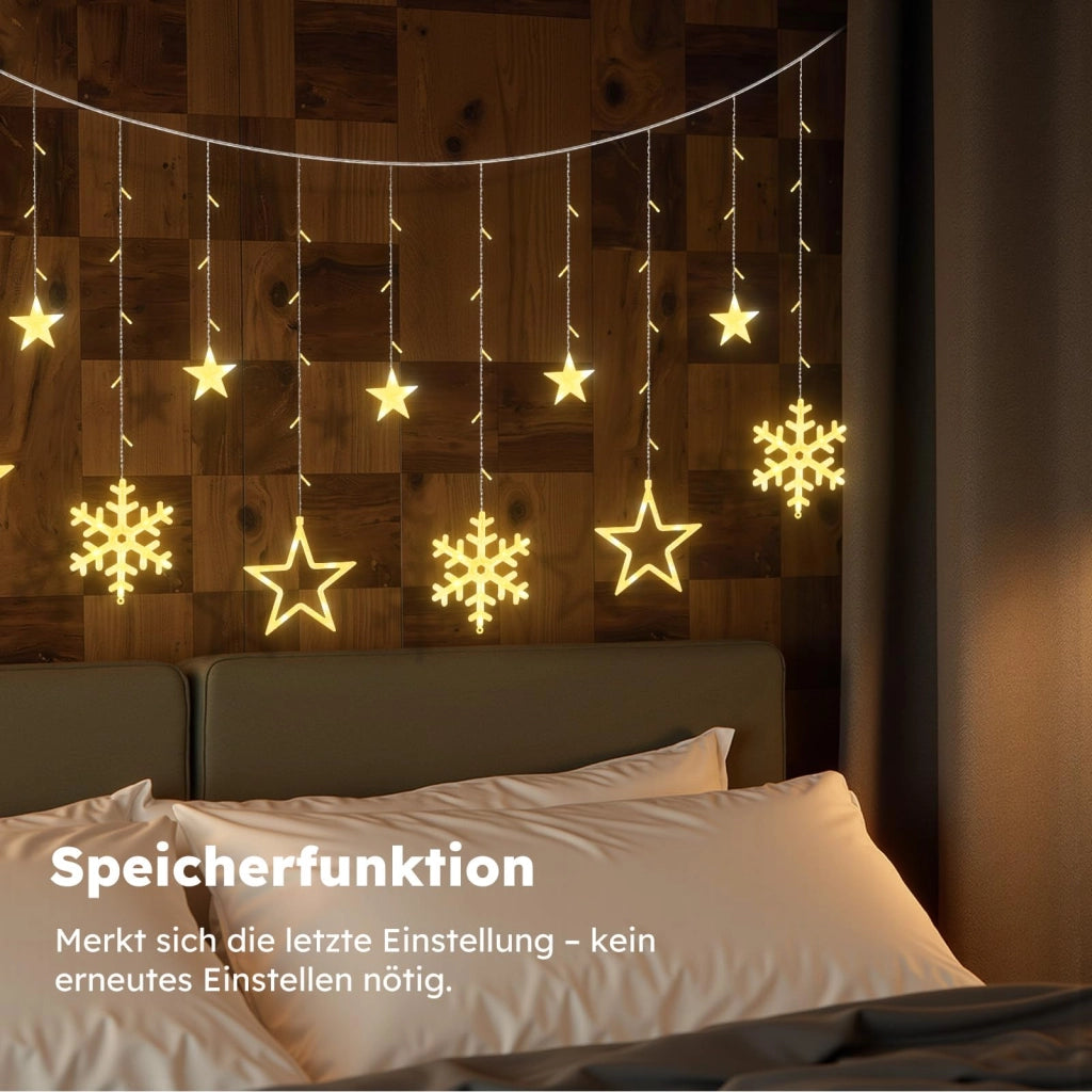 Tenda luminosa con stelle e fiocchi di neve, 1,65 m, luce bianco caldo, alimentazione USB, timer