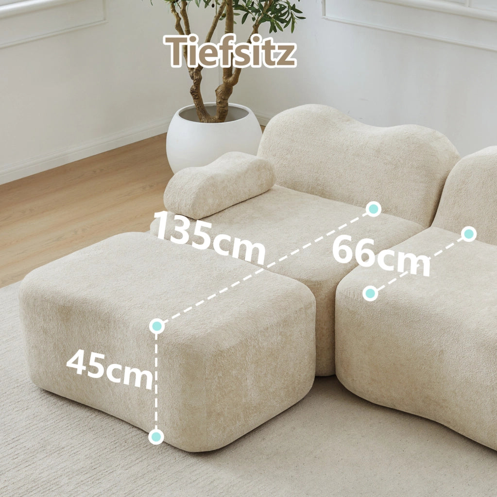 DIVANO Modulare Angolare in Velluto Beige con Pouf
