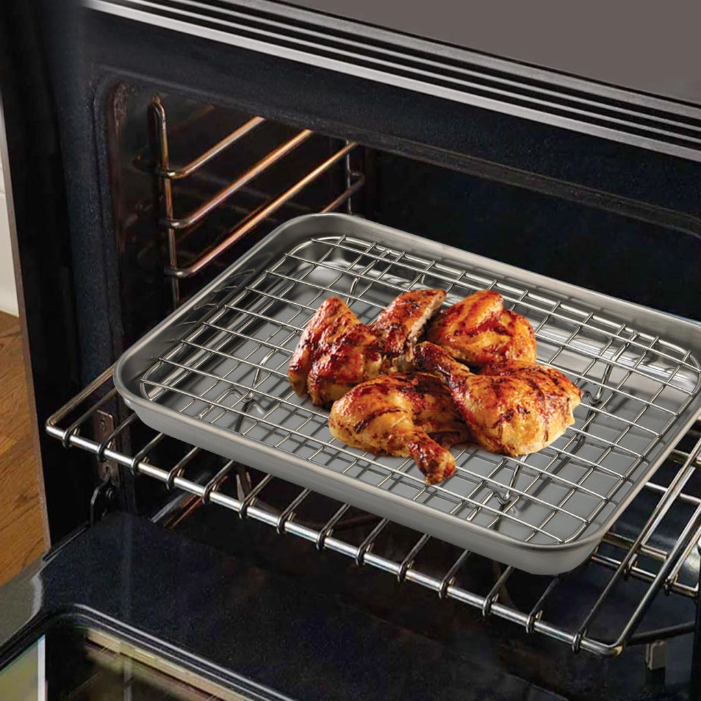 Set di teglie da forno con griglia, 2 pezzi, acciaio inossidabile, 23,5 x 17,5 x 2,5 cm