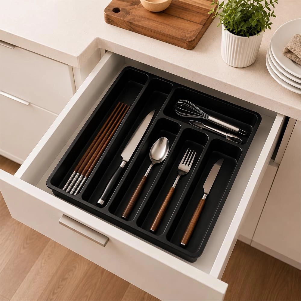 Contenitore per posate, dimensioni 32x30 cm, 6 scomparti, con coperchio, colore nero
