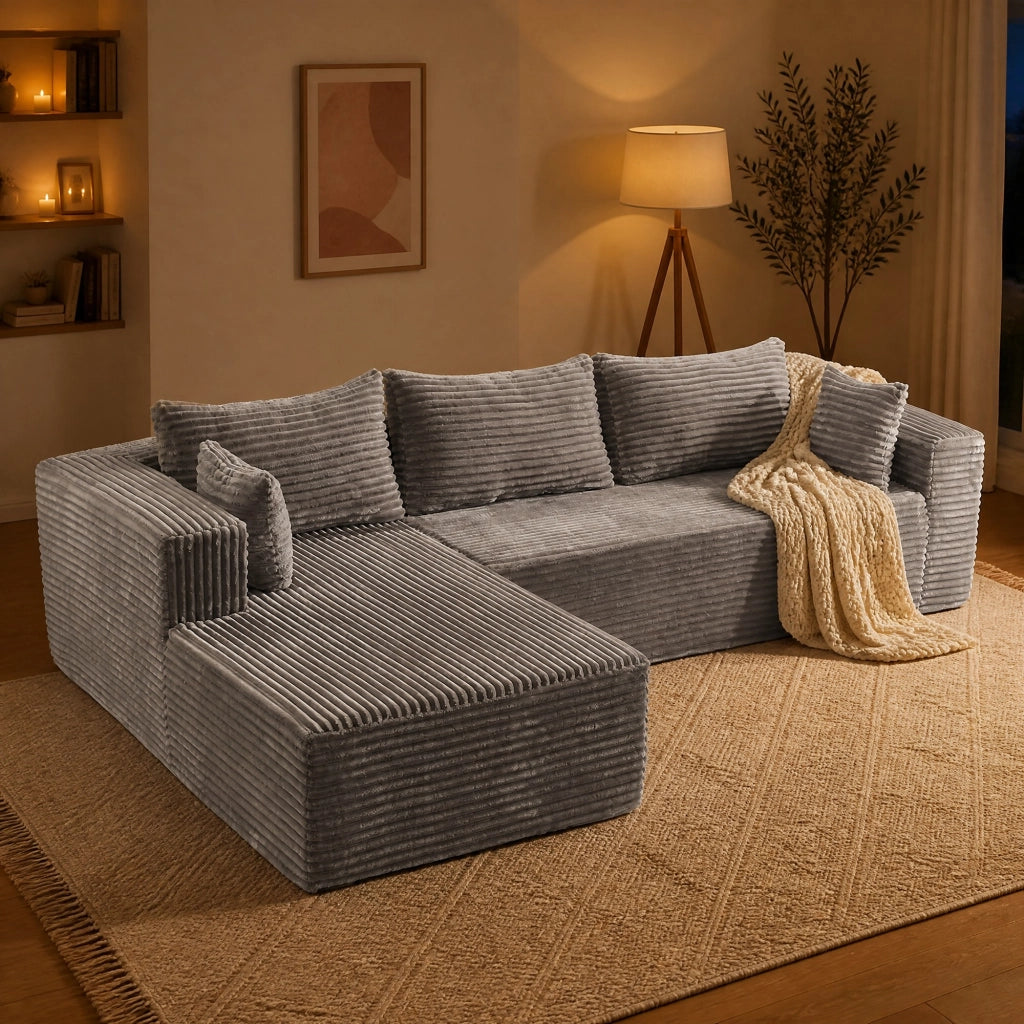 Divano modulare a L in velluto a coste grigio 279 × 179 × 83 cm