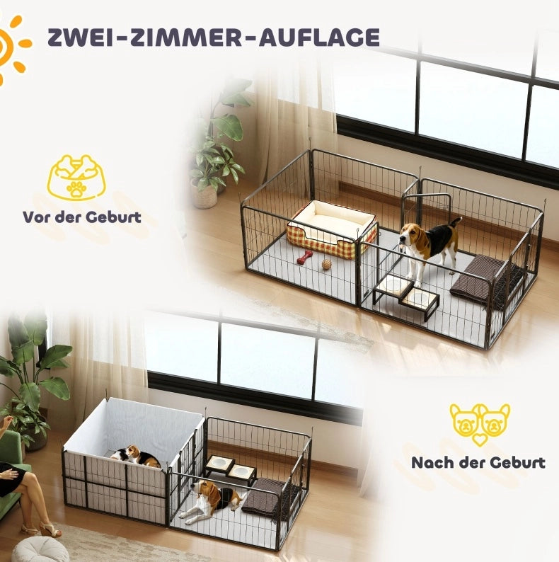 Cassa parto per cani con recinto modulare 203 × 102 × 60 cm, nera