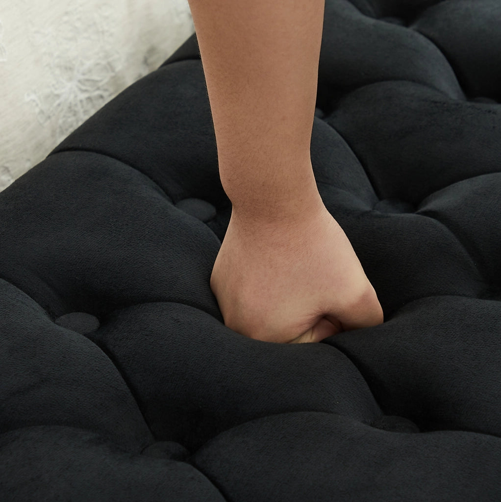 Panca contenitore in velluto nero con vano ventilato per camera da letto