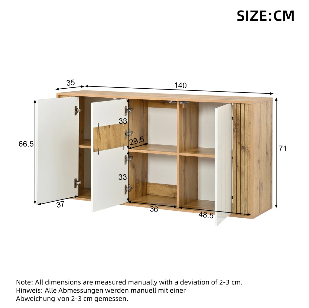 Credenza moderna a 3 ante bianca e color legno naturale, 140 x 35 x 71 cm