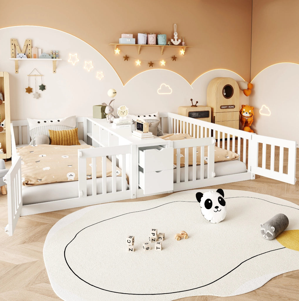 Letto a castello in legno 90x200 cm con cassetti e scaffali doppi, struttura robusta con sponde di sicurezza bianche per bambini