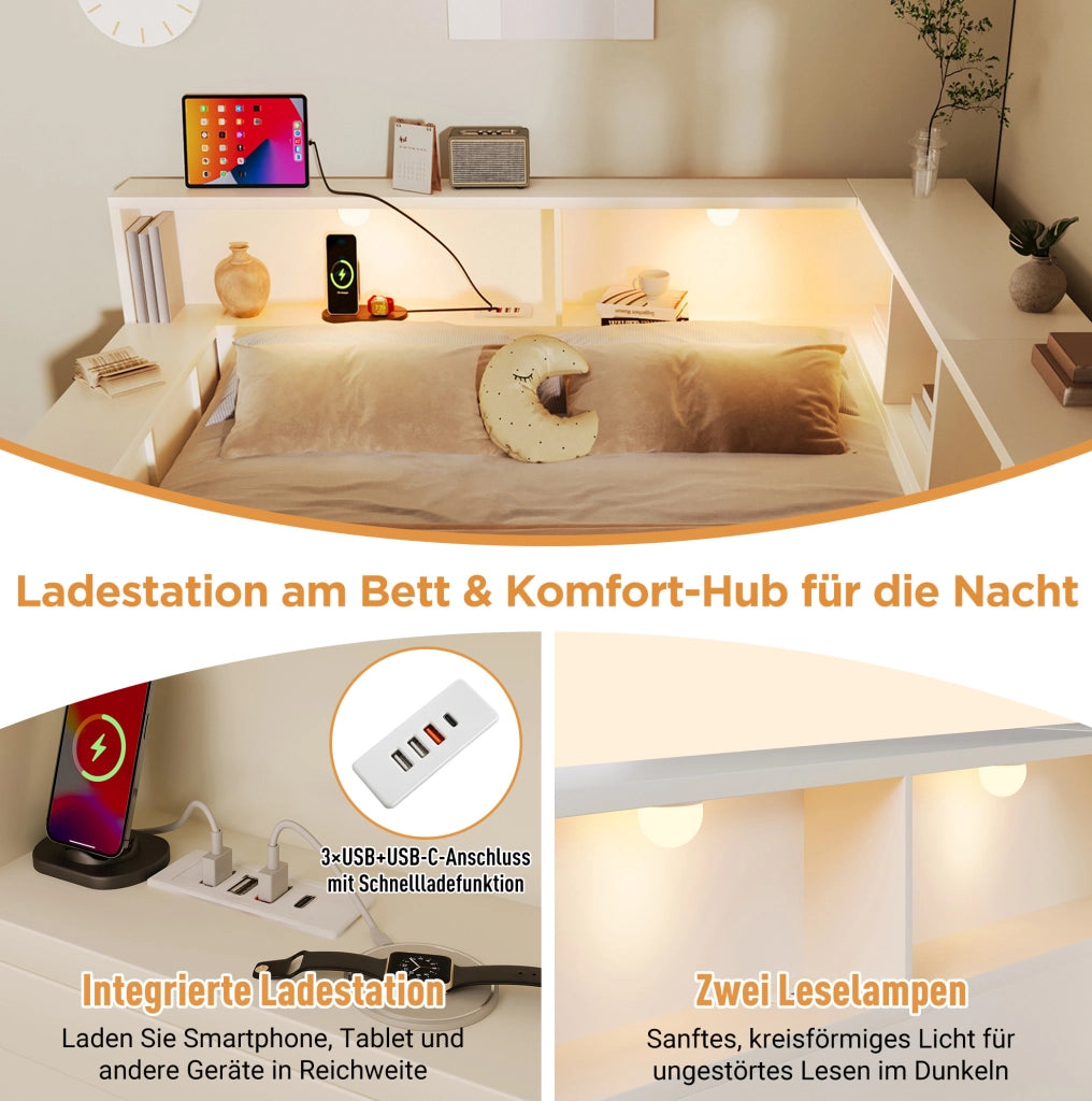Letto con contenitore 140 x 190 cm bianco con luci e prese di ricarica