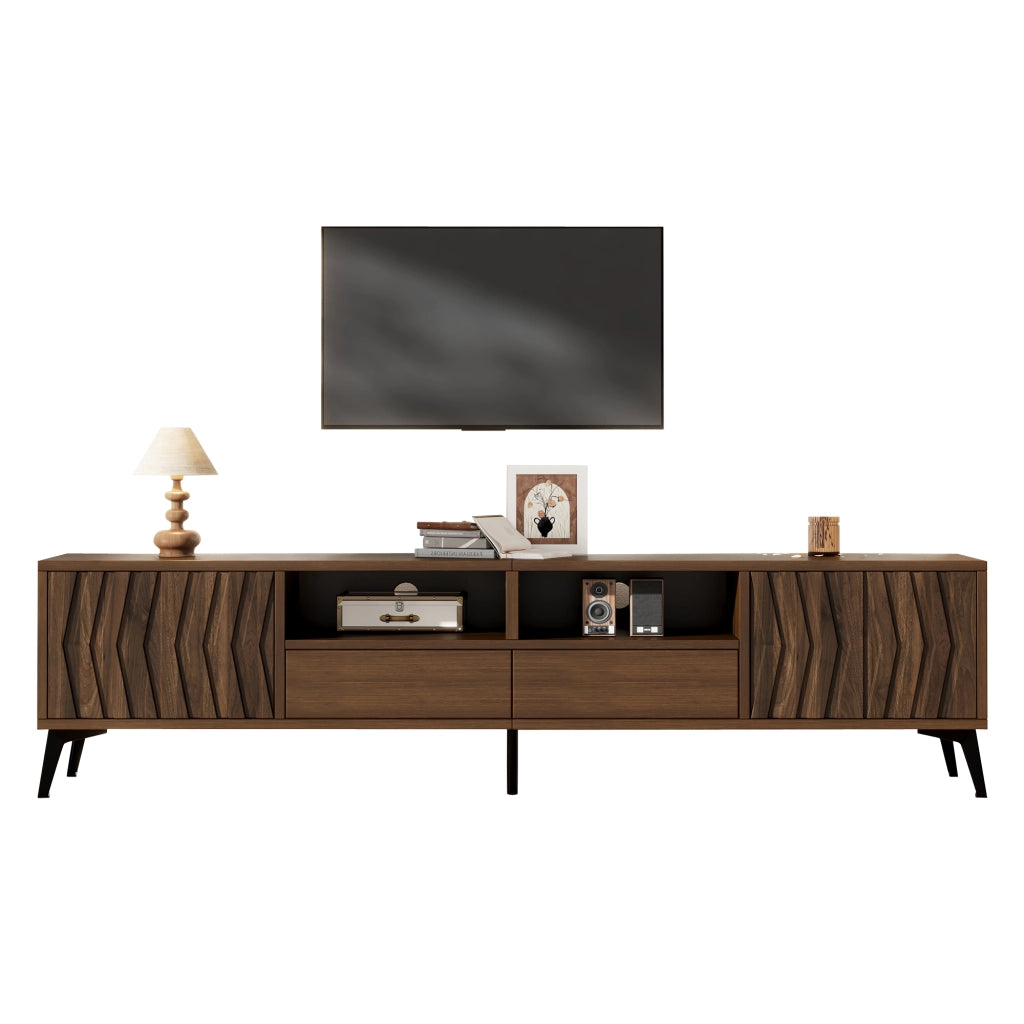 Mobile TV 180 × 35 × 45 cm con 2 ante 2 cassetti e vani aperti in truciolare color noce con gambe regolabili