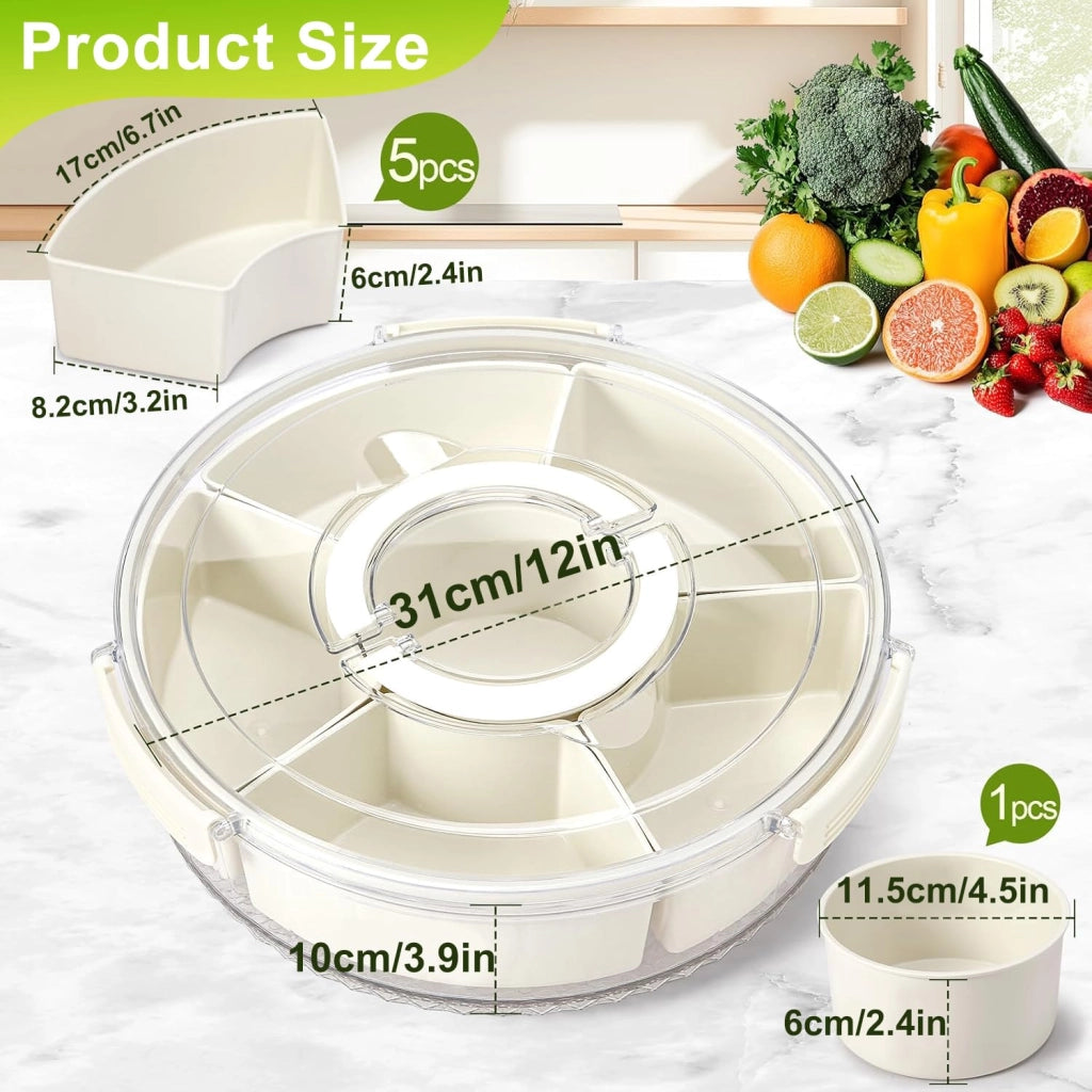 Scatola per snack con scomparti, piatto per snack con coperchio 30,5 cm, organizer girevole con 6 scomparti rimovibili e maniglia, per dolci, frutta, snack