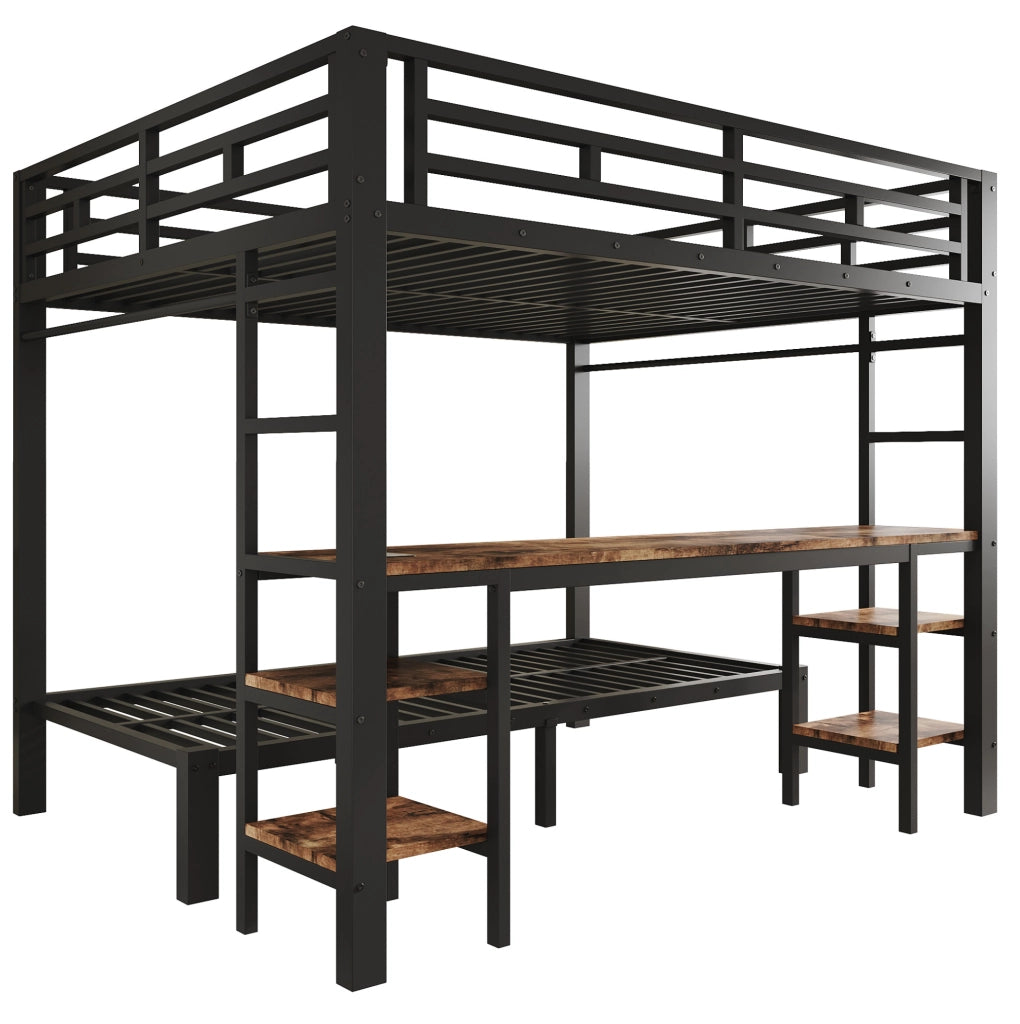Letto a castello in metallo nero 140x200 cm + 90x200 cm con scrivania integrata, appendiabiti e doppia scala