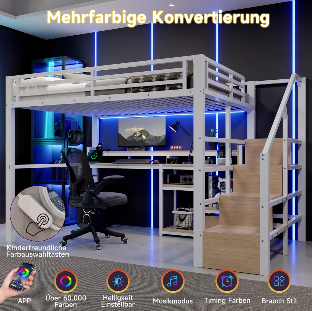 Letto a soppalco 140 x 200 cm bianco con LED, USB e vano scala