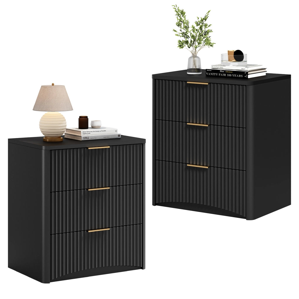 Comodino nero 58x38x64 cm in MDF con 3 cassetti e guide ammortizzate