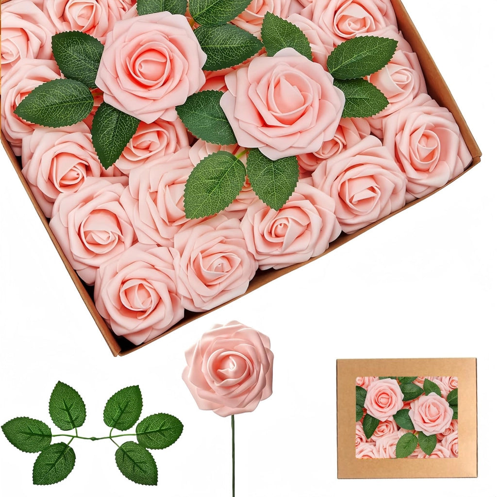 25 rose artificiali color rosa pallido, effetto "Real Touch", complete di stelo, confezione da 4 pezzi