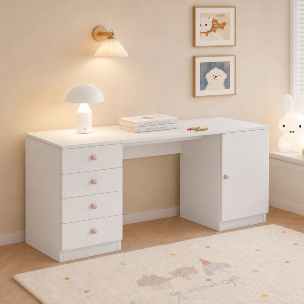 Scrivania per cameretta bianca con 4 cassetti e vano laterale, 155 cm