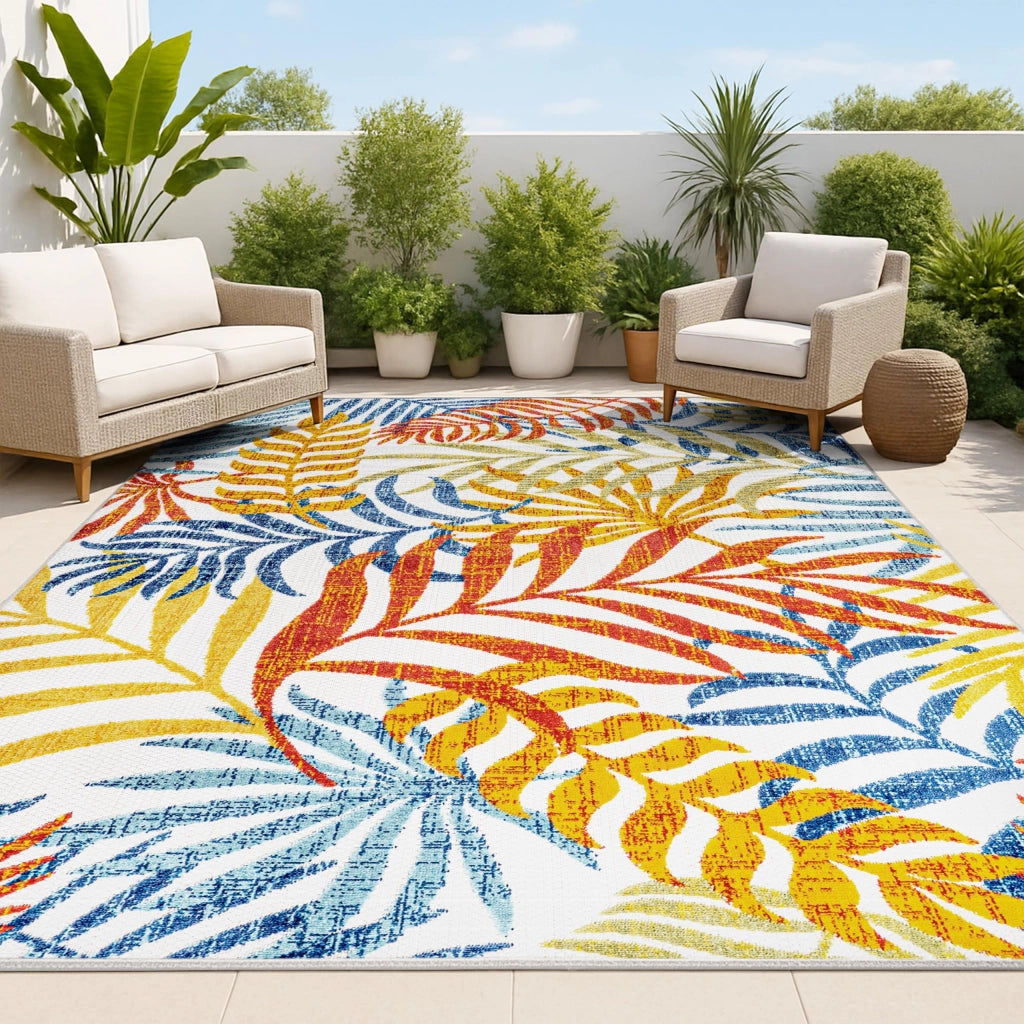 Tappeto con motivo di foglie di palma tropicali, 240x300 cm, per interni/esterni, color crema/arancione