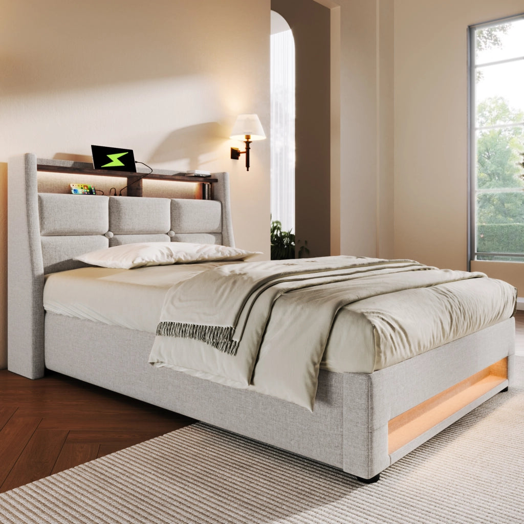 Letto imbottito singolo 90x200 cm beige con illuminazione LED
