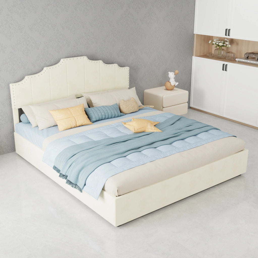 Letto matrimoniale 160x200 cm con testiera geometrica in tessuto e metallo beige