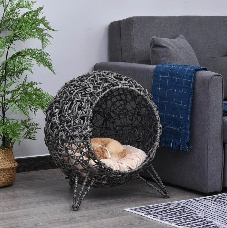 Cuccia per gatti in polietilene intrecciato grigio argento con cuscino