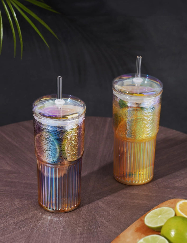 Bicchiere di vetro da 650 ml con coperchio e cannucce, confezione da 2, effetto iridescente