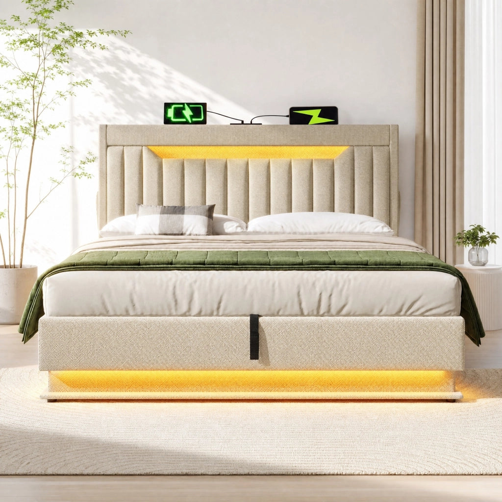 Letto matrimoniale contenitore 140 × 200 cm in lino beige con LED USB e Type C testiera con ripiani