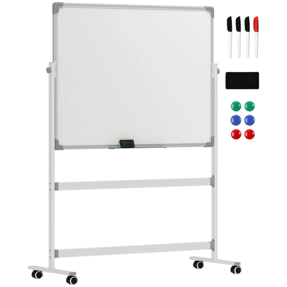 Lavagna magnetica bianca 120 x 90 cm mobile su ruote girevole 360° telaio in metallo per ufficio e casa