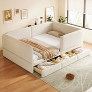Letto per bambini imbottito 140 × 200 cm in velluto beige con bordi arrotondati e tre cassetti