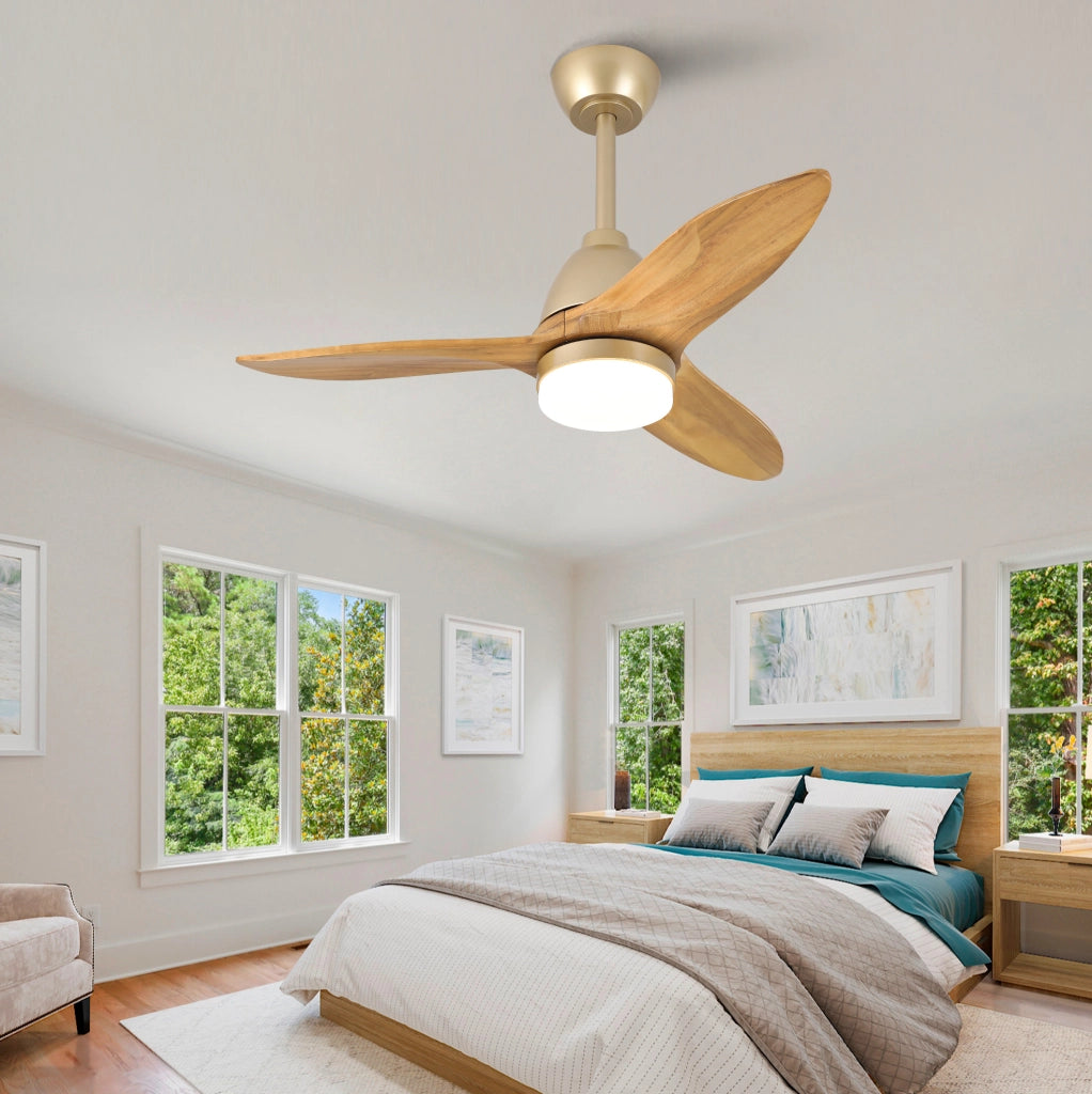 Ventilatore da soffitto 36 pollici con LED dimmerabile; 3 pale in legno massello d'acero; rovere dorato