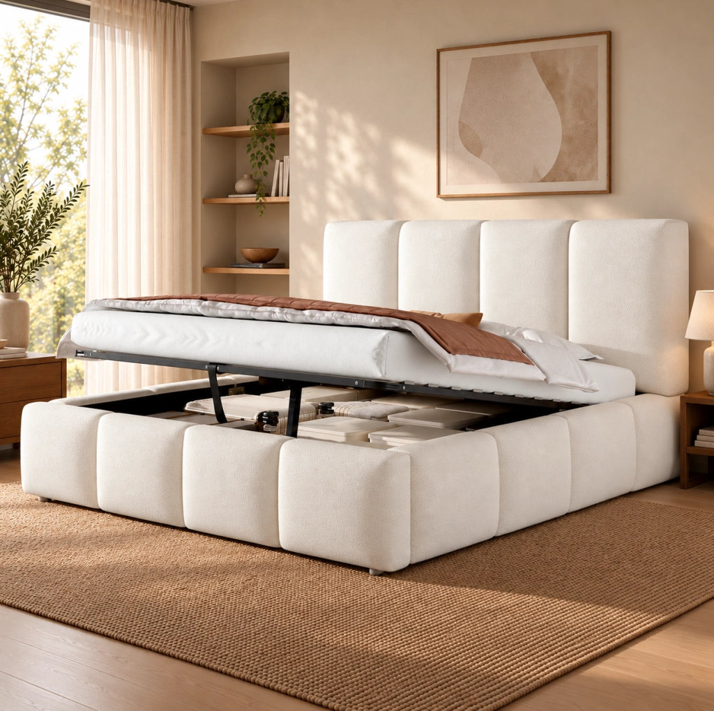 Letto matrimoniale contenitore 180x200 cm in bouclé bianco