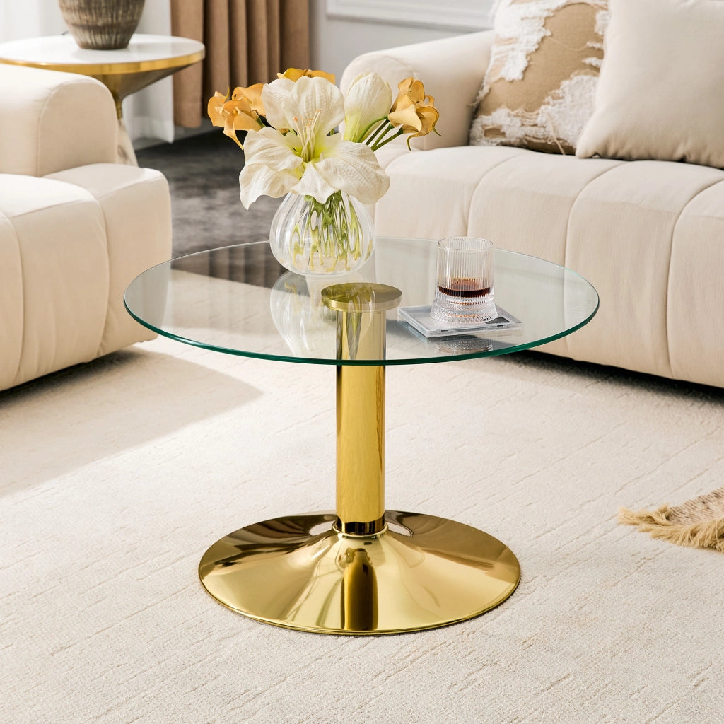 Tavolino da salotto rotondo diametro 70 cm altezza 45 cm in vetro temperato e metallo oro con base stabile moderno
