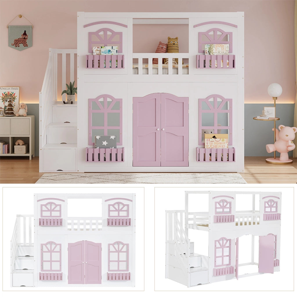 Letto a soppalco per bambini 90 x 200 cm in legno; bianco e rosa; scala contenitore e area giochi