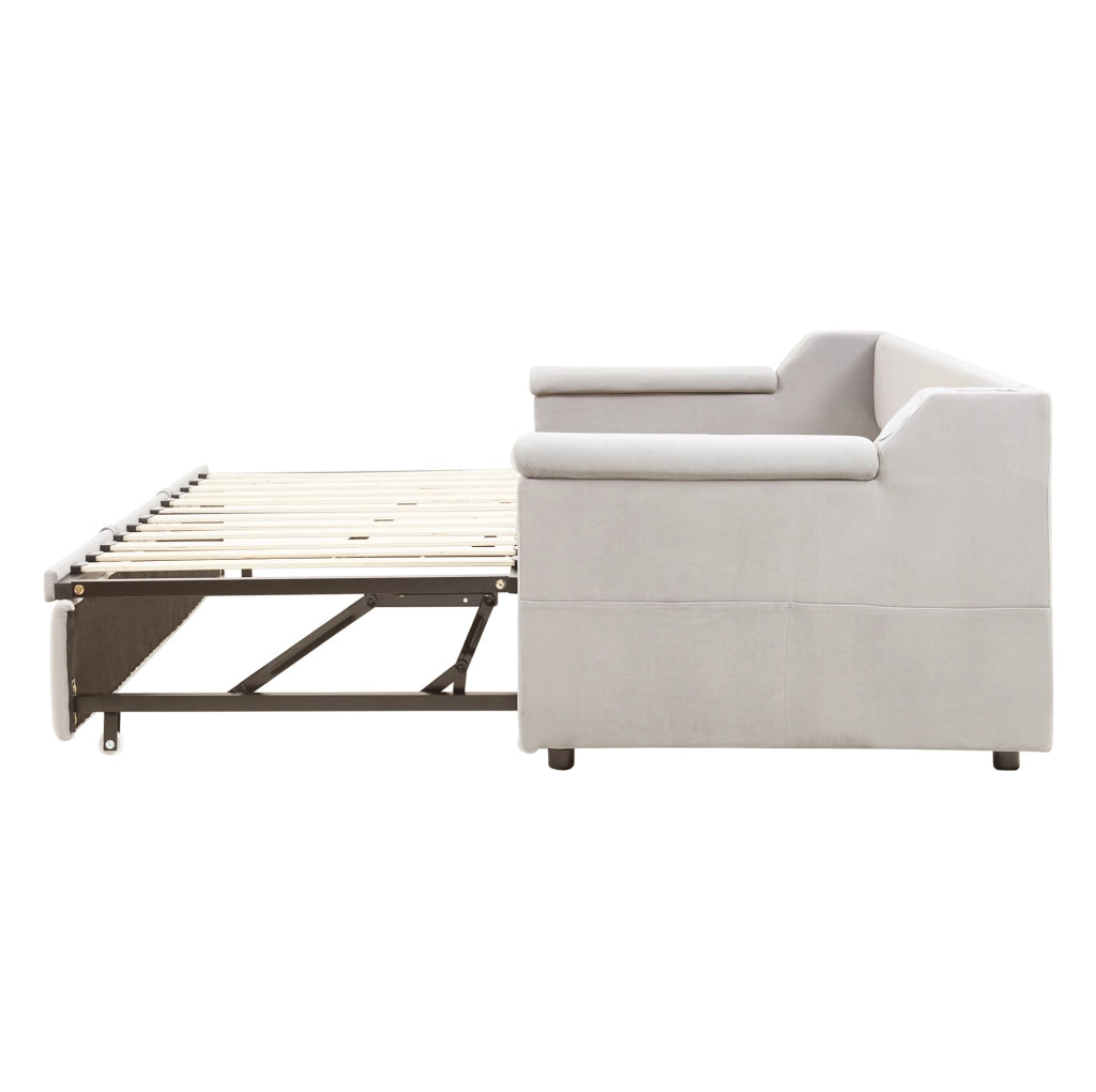 Divano letto imbottito 90/180x190 cm con braccioli ampi, tessuto vellutato beige, Bluetooth e porte USB integrate