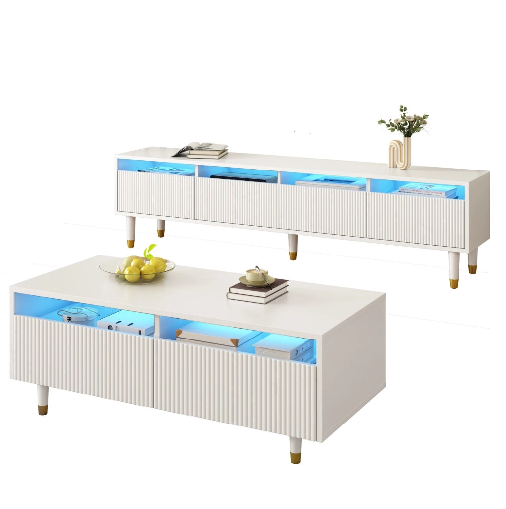 Set mobile TV e tavolino con LED, MDF bianco, 2 pezzi