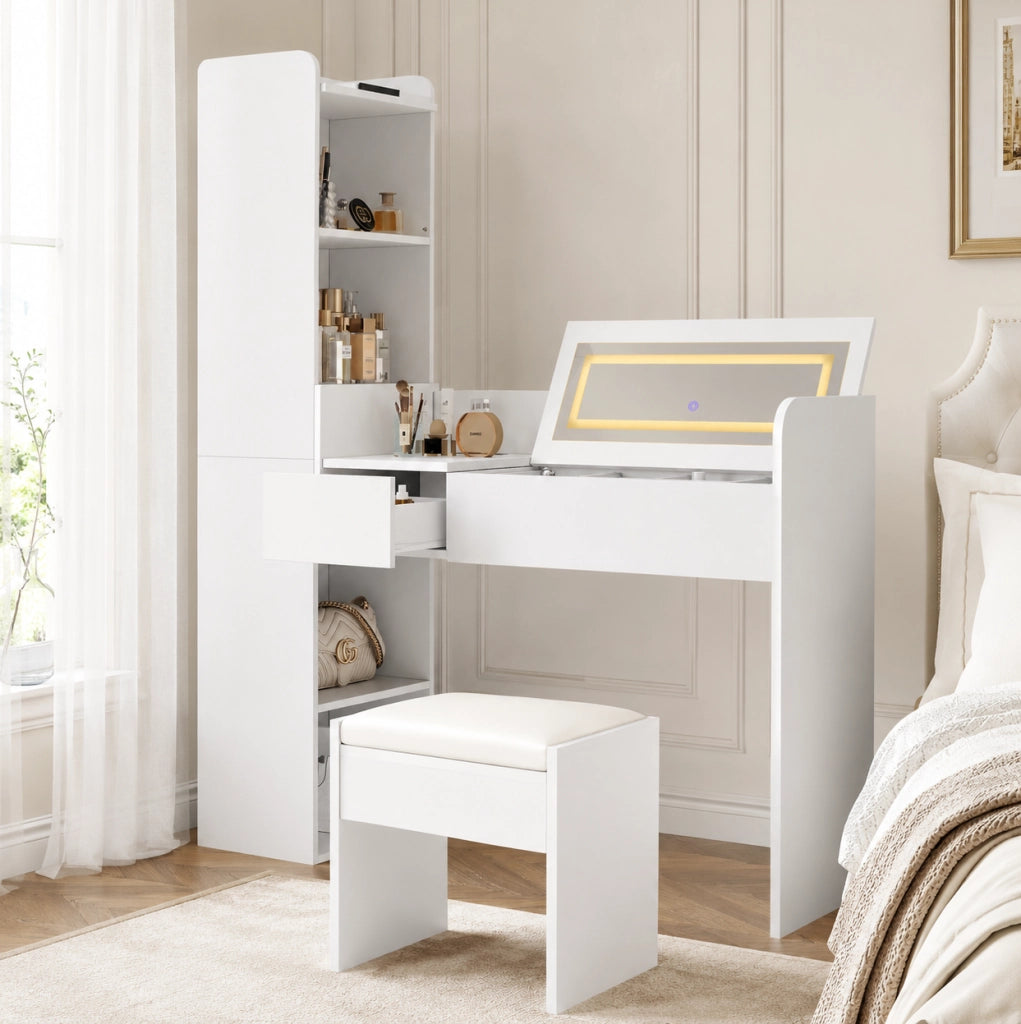Toeletta bianca con specchio luminoso, ricarica USB e sgabello