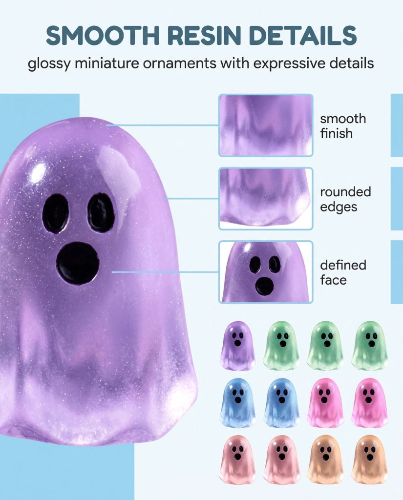 Mini fantasmi di Halloween, 12 pezzi, luminosi, dimensioni 2x1,6 cm, realizzati in resina