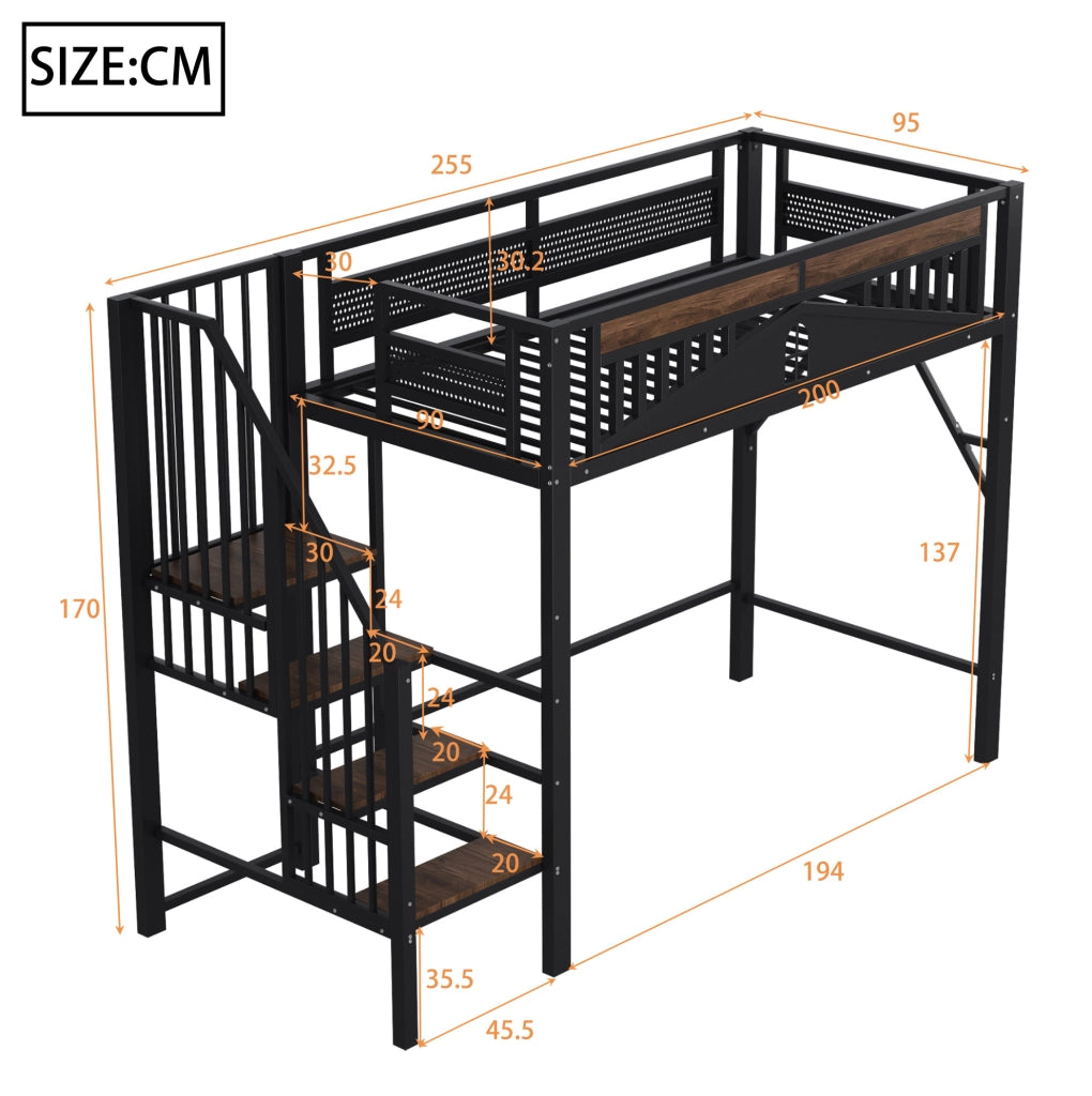 Letto a castello in metallo 90x200 cm con ringhiera di sicurezza e scaletta, nero