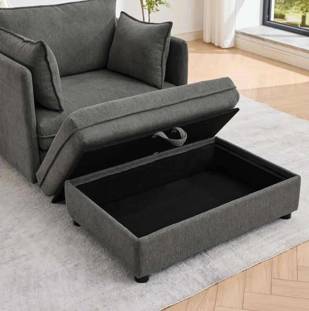 Poltrona in velluto Altay grigio con pouf contenitore e struttura in legno massello
