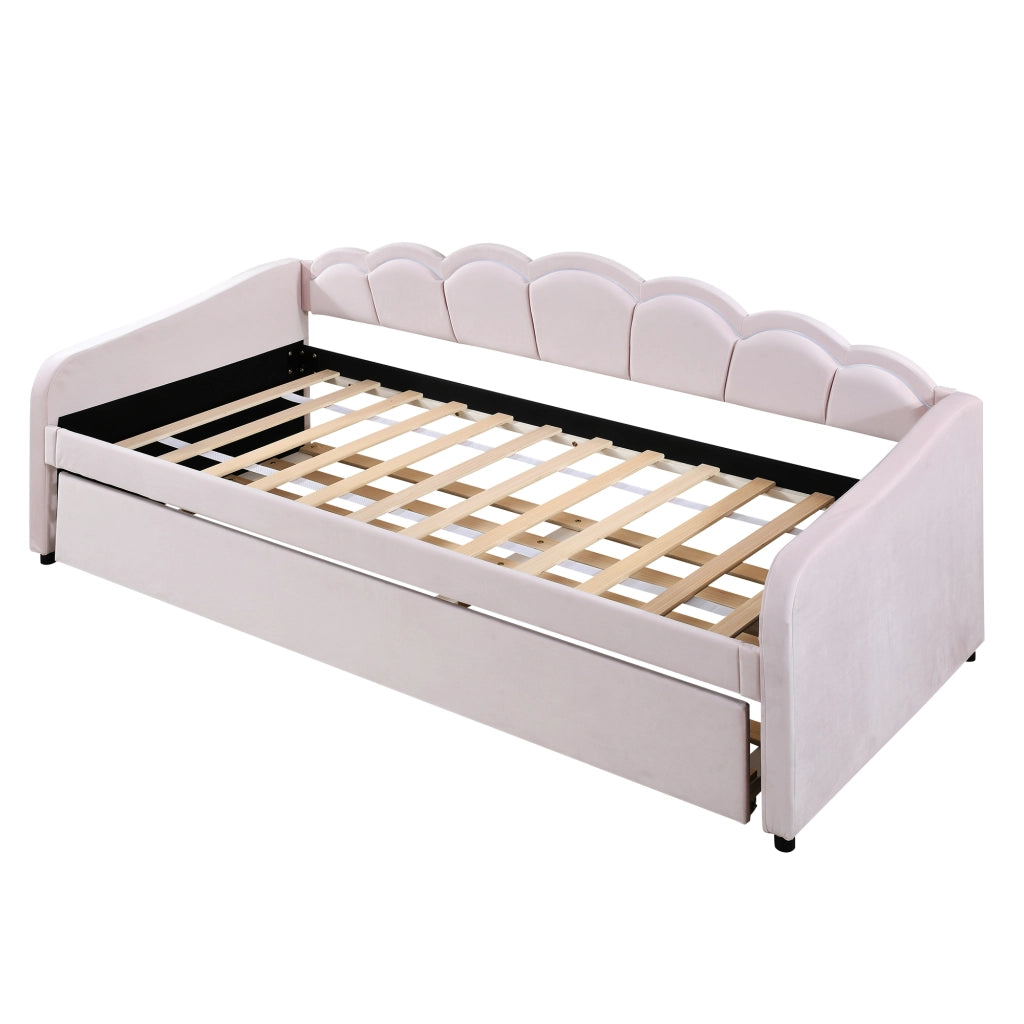 Divano letto singolo 90x200 cm con letto estraibile; struttura in MDF; velluto rosa e LED con telecomando