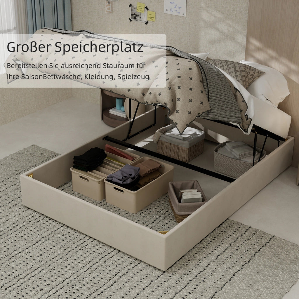 Letto 140 x 200 cm, Struttura Letto con Pistoni a Gas in Tessuto di Colore Beige