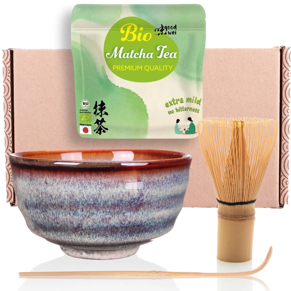 Set per la preparazione del matcha, con matcha biologico, ciotola, frustino e cucchiaino, proveniente da Uji