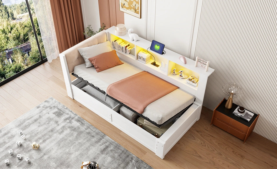 Letto singolo 90x200 cm in pino bianco con contenitore idraulico, LED regolabile, USB e scaffali laterali